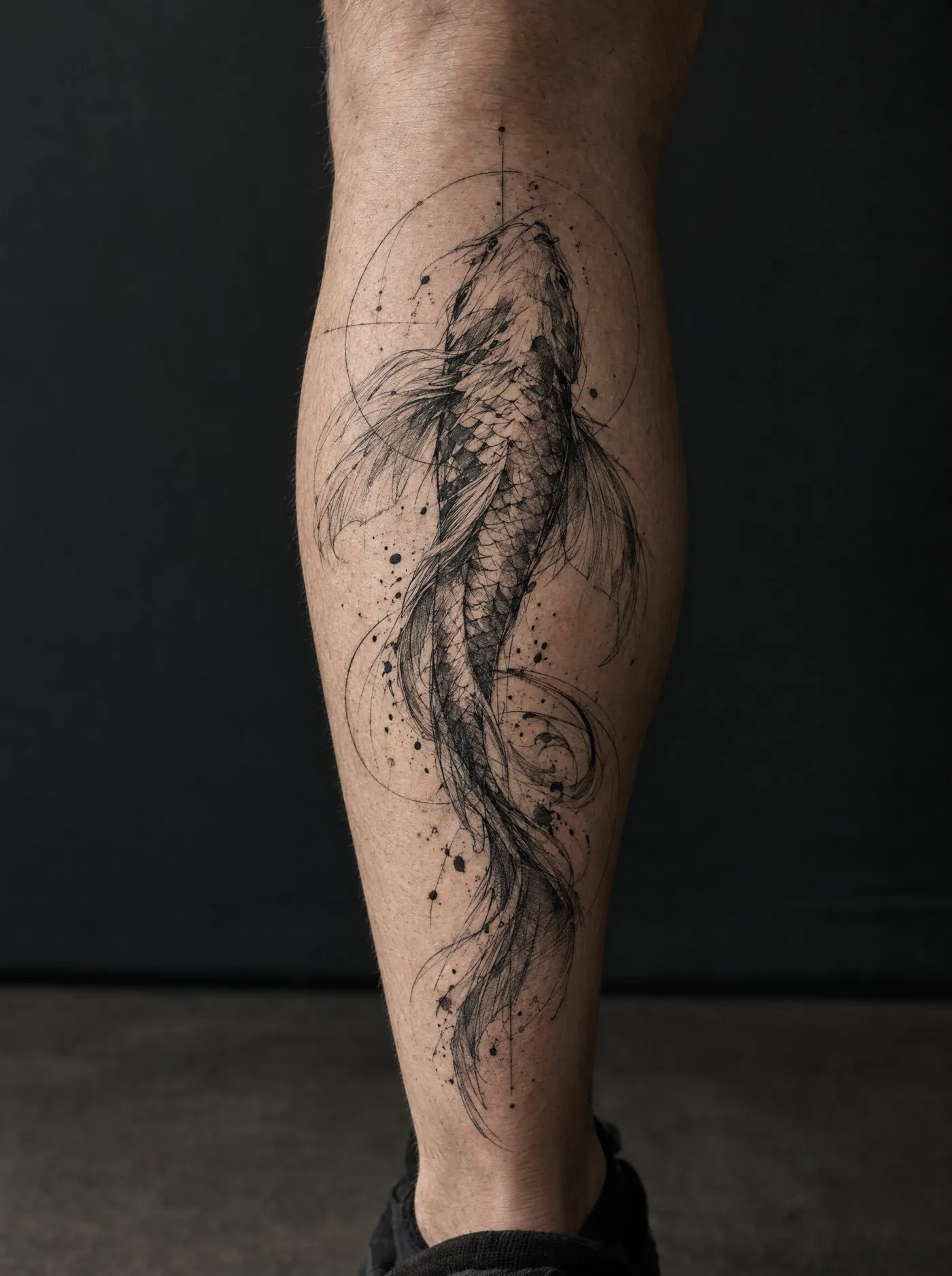Koi in stile sketch guarita sul polpaccio