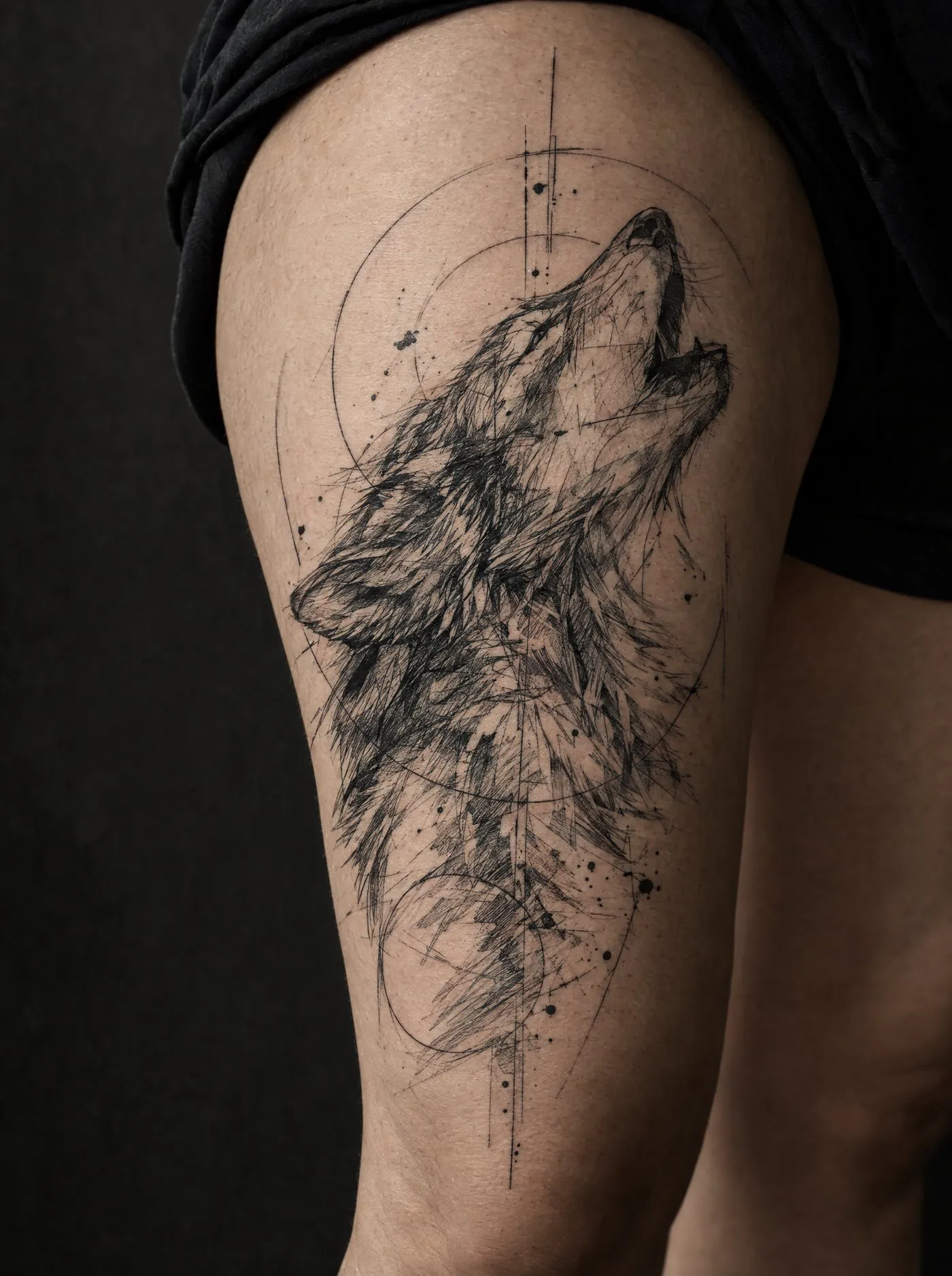 Lupo in stile sketch sulla coscia