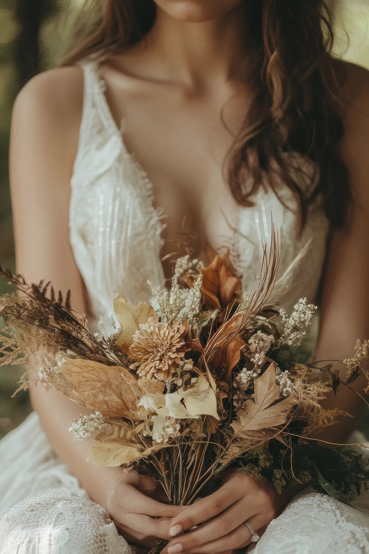 Sposa nel bosco con bouquet di fiori secchi