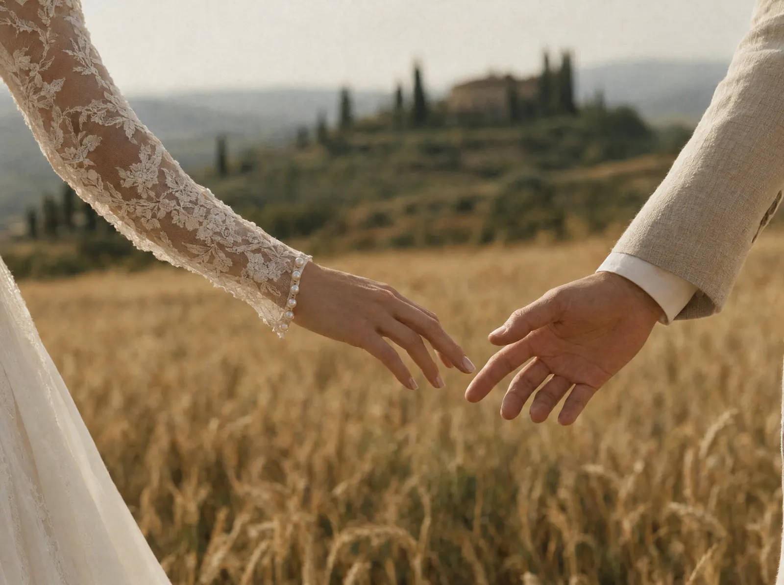 Mani che si sfiorano, manica in pizzo con bottoni di perla