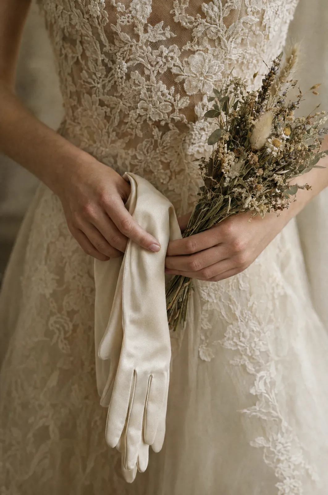 Guanti di seta e fiori secchi tra le mani, corpetto ricamato