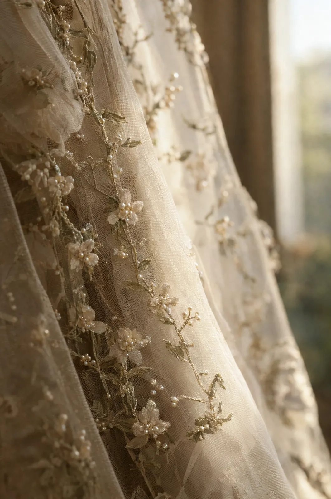 Velo in tulle ricamato a mano con fiori e perle