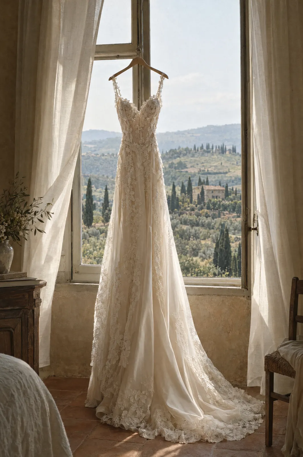 Abito da sposa appeso alla finestra, colline toscane sullo sfondo