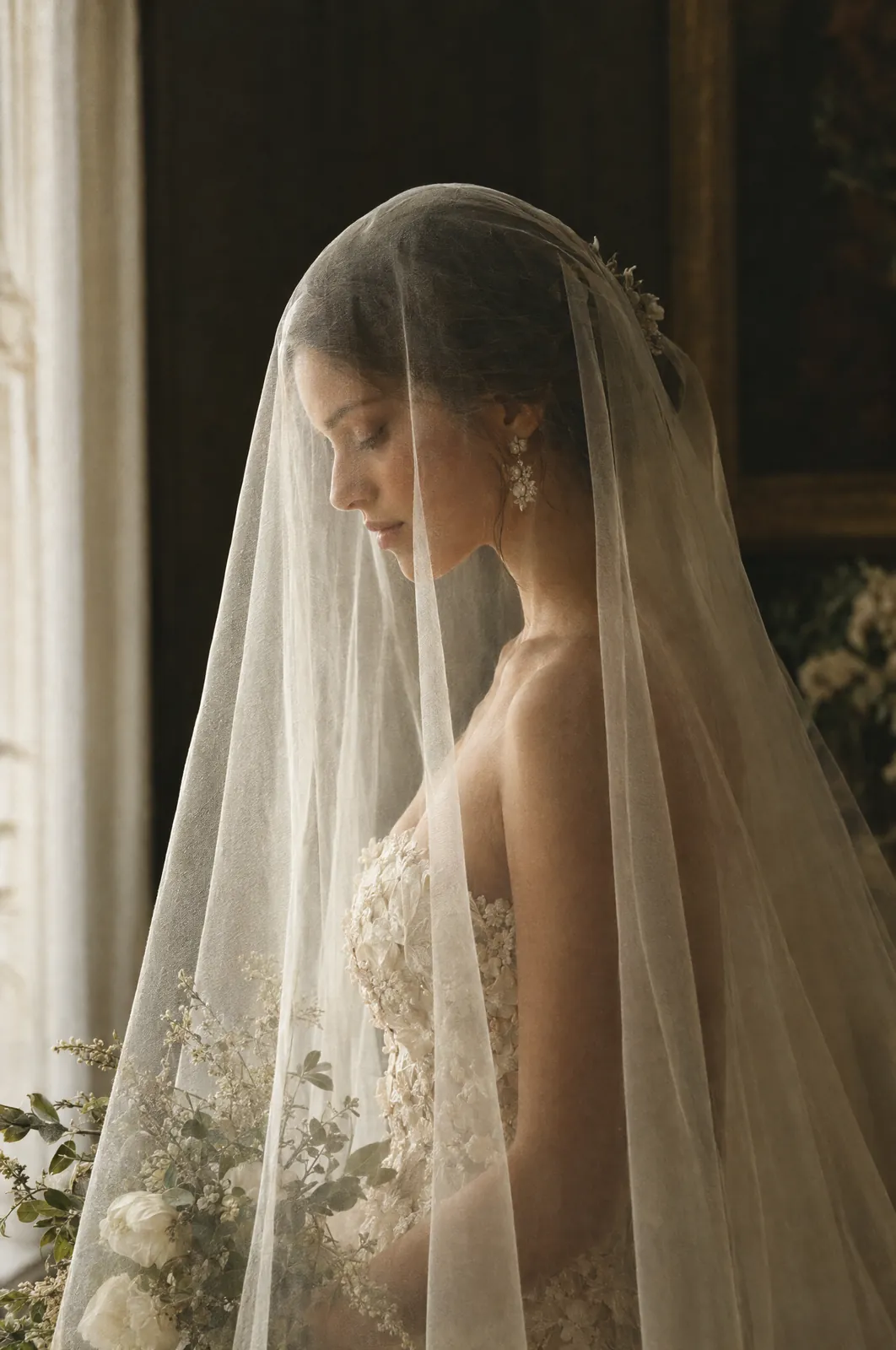 Sposa di profilo sotto il velo